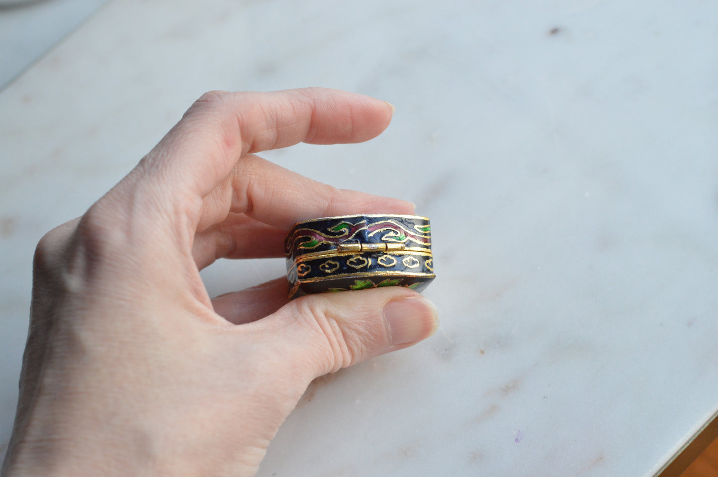 Vintage Chinese Cloisonné Pill Box - Black Enamel Floral Trinket Box - Turquoise Blue Interior - Small Hinged Keepsake Box