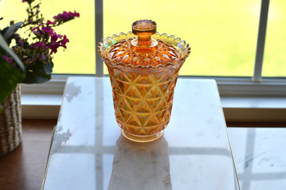 Antique Imperial Glass Diamond & Sunburst Fairy Lamp Shade - Marigold Carnival Glass Candle Cover & Lid - Bottomless Hurricane Shade - Rare Replacement Part