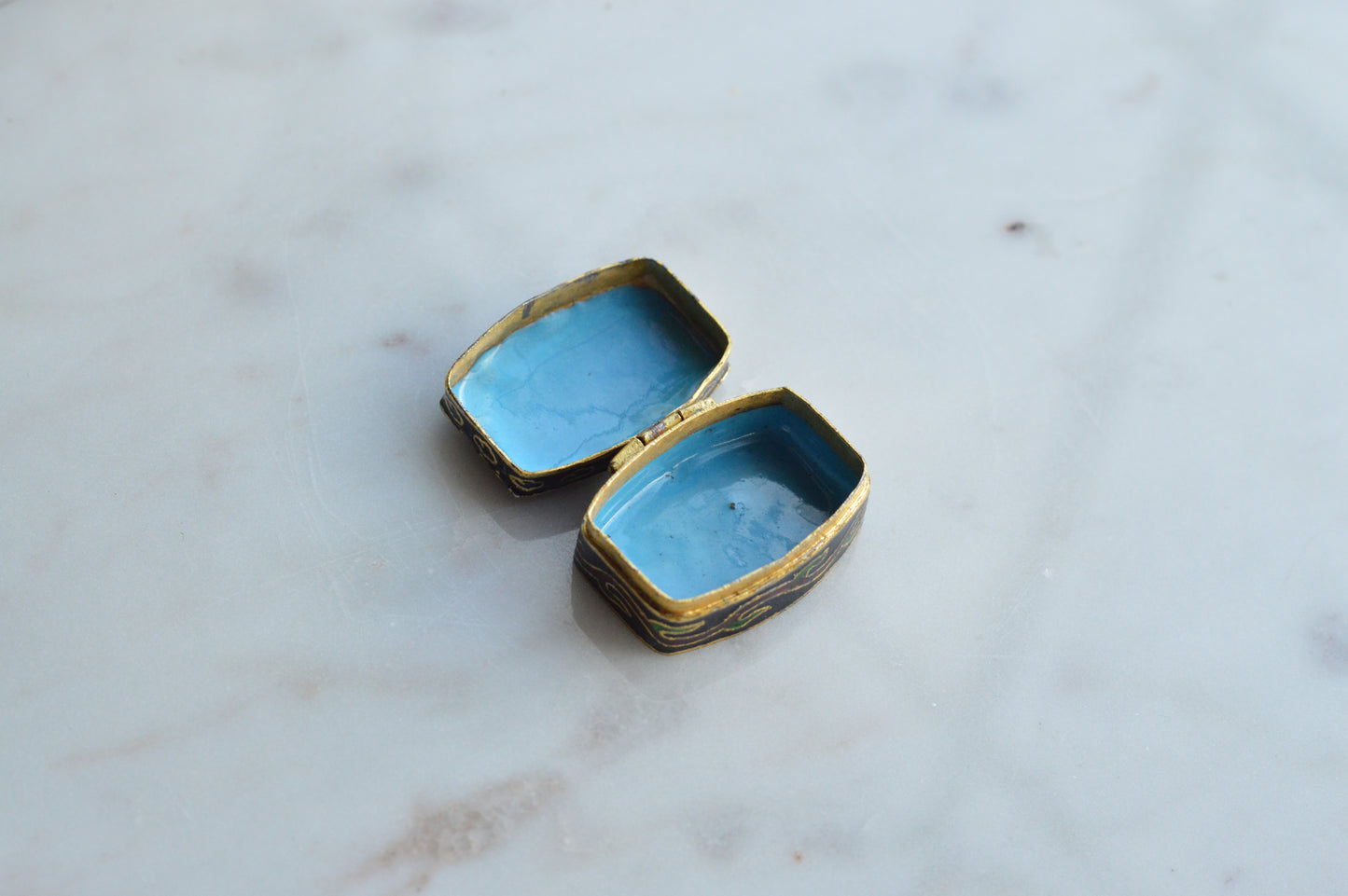 Vintage Chinese Cloisonné Pill Box - Black Enamel Floral Trinket Box - Turquoise Blue Interior - Small Hinged Keepsake Box