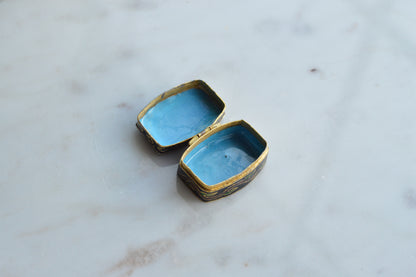 Vintage Chinese Cloisonné Pill Box - Black Enamel Floral Trinket Box - Turquoise Blue Interior - Small Hinged Keepsake Box