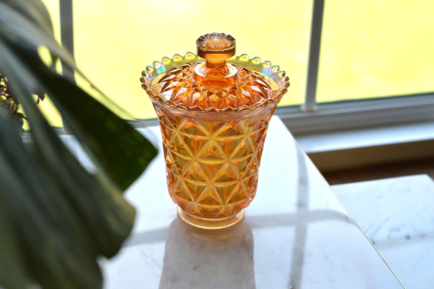 Antique Imperial Glass Diamond & Sunburst Fairy Lamp Shade - Marigold Carnival Glass Candle Cover & Lid - Bottomless Hurricane Shade - Rare Replacement Part