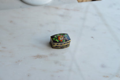 Vintage Chinese Cloisonné Pill Box - Black Enamel Floral Trinket Box - Turquoise Blue Interior - Small Hinged Keepsake Box