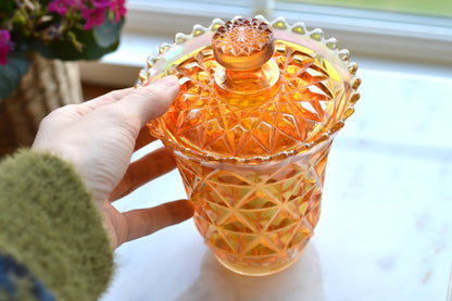 Antique Imperial Glass Diamond & Sunburst Fairy Lamp Shade - Marigold Carnival Glass Candle Cover & Lid - Bottomless Hurricane Shade - Rare Replacement Part