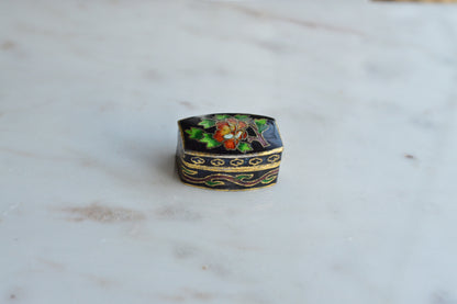 Vintage Chinese Cloisonné Pill Box - Black Enamel Floral Trinket Box - Turquoise Blue Interior - Small Hinged Keepsake Box
