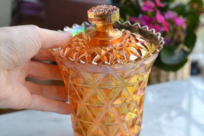 Antique Imperial Glass Diamond & Sunburst Fairy Lamp Shade - Marigold Carnival Glass Candle Cover & Lid - Bottomless Hurricane Shade - Rare Replacement Part