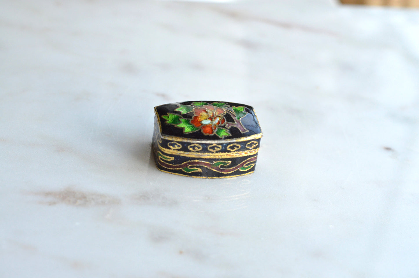 Vintage Chinese Cloisonné Pill Box - Black Enamel Floral Trinket Box - Turquoise Blue Interior - Small Hinged Keepsake Box