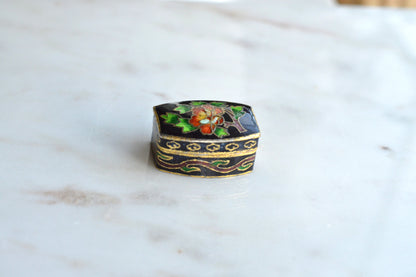 Vintage Chinese Cloisonné Pill Box - Black Enamel Floral Trinket Box - Turquoise Blue Interior - Small Hinged Keepsake Box
