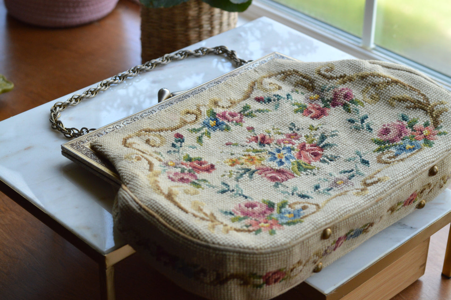 Vintage Petit Point Needlepoint Handbag - Floral Bouquet Embroidery - Ornate Gold Tone Kiss Lock Frame - Romantic Regency Style Purse