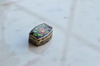 Vintage Chinese Cloisonné Pill Box - Black Enamel Floral Trinket Box - Turquoise Blue Interior - Small Hinged Keepsake Box