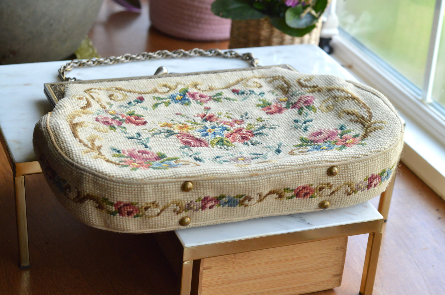 Vintage Petit Point Needlepoint Handbag - Floral Bouquet Embroidery - Ornate Gold Tone Kiss Lock Frame - Romantic Regency Style Purse