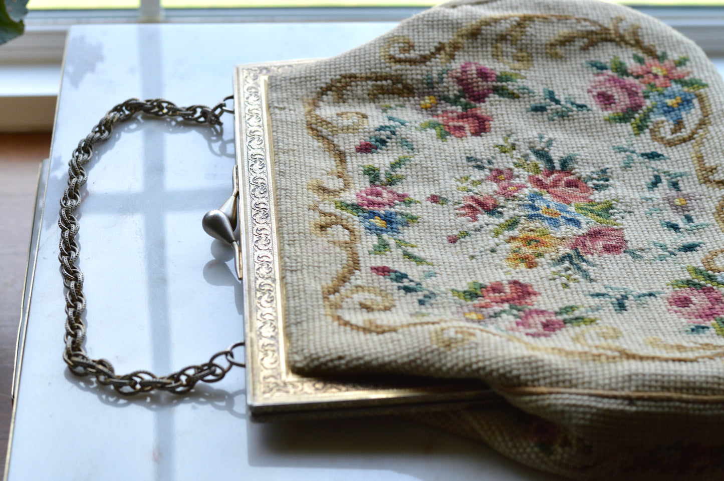 Vintage Petit Point Needlepoint Handbag - Floral Bouquet Embroidery - Ornate Gold Tone Kiss Lock Frame - Romantic Regency Style Purse