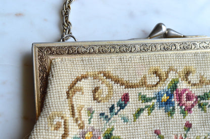Vintage Petit Point Needlepoint Handbag - Floral Bouquet Embroidery - Ornate Gold Tone Kiss Lock Frame - Romantic Regency Style Purse