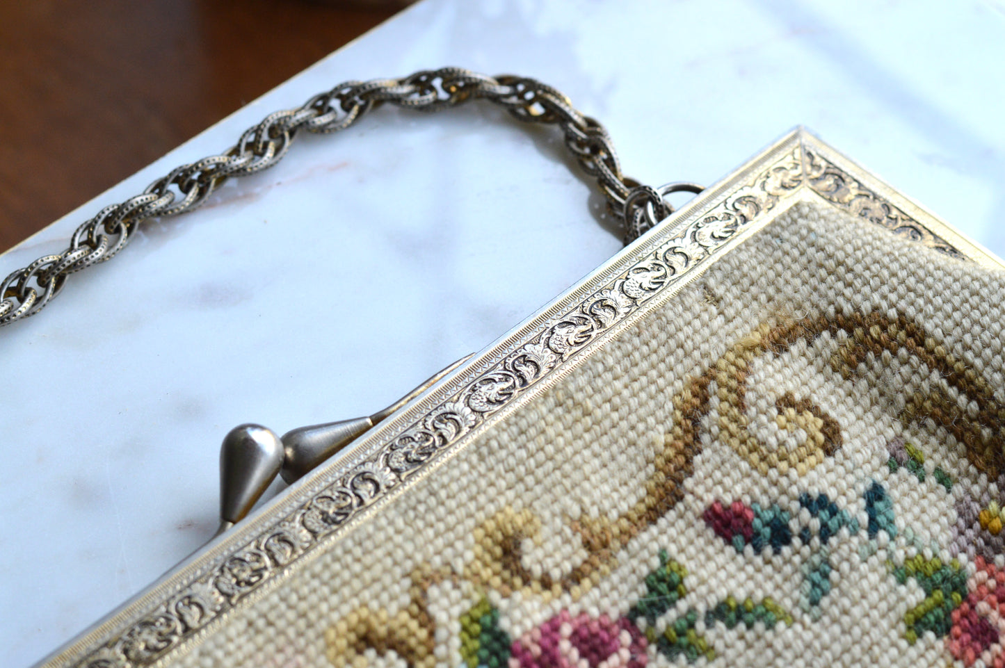 Vintage Petit Point Needlepoint Handbag - Floral Bouquet Embroidery - Ornate Gold Tone Kiss Lock Frame - Romantic Regency Style Purse