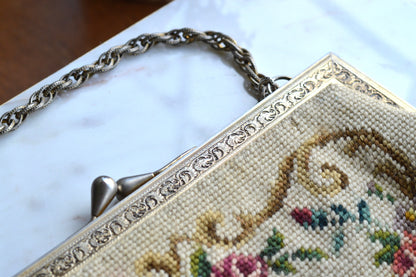Vintage Petit Point Needlepoint Handbag - Floral Bouquet Embroidery - Ornate Gold Tone Kiss Lock Frame - Romantic Regency Style Purse