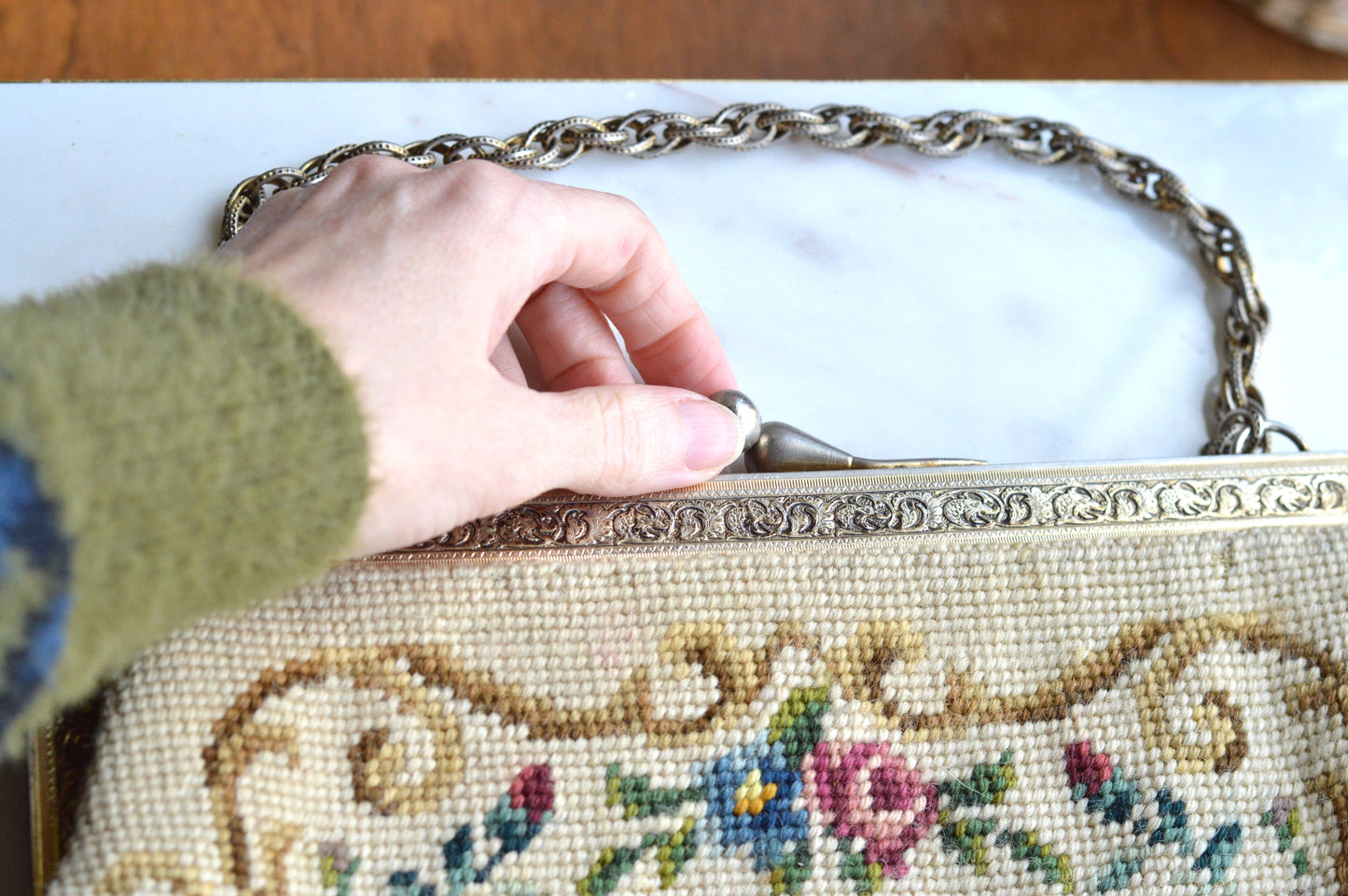 Vintage Petit Point Needlepoint Handbag - Floral Bouquet Embroidery - Ornate Gold Tone Kiss Lock Frame - Romantic Regency Style Purse