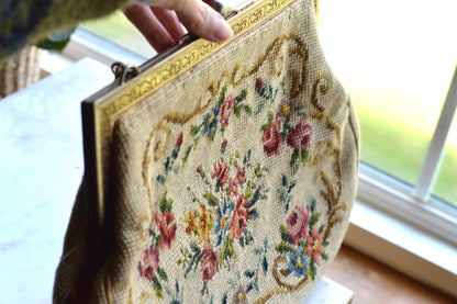 Vintage Petit Point Needlepoint Handbag - Floral Bouquet Embroidery - Ornate Gold Tone Kiss Lock Frame - Romantic Regency Style Purse