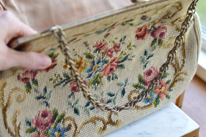 Vintage Petit Point Needlepoint Handbag - Floral Bouquet Embroidery - Ornate Gold Tone Kiss Lock Frame - Romantic Regency Style Purse