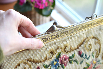 Vintage Petit Point Needlepoint Handbag - Floral Bouquet Embroidery - Ornate Gold Tone Kiss Lock Frame - Romantic Regency Style Purse