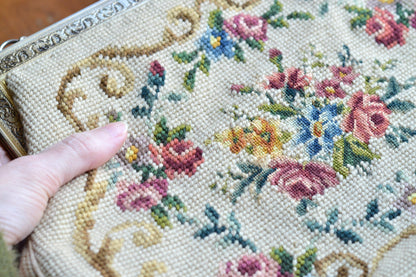 Vintage Petit Point Needlepoint Handbag - Floral Bouquet Embroidery - Ornate Gold Tone Kiss Lock Frame - Romantic Regency Style Purse