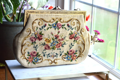 Vintage Petit Point Needlepoint Handbag - Floral Bouquet Embroidery - Ornate Gold Tone Kiss Lock Frame - Romantic Regency Style Purse