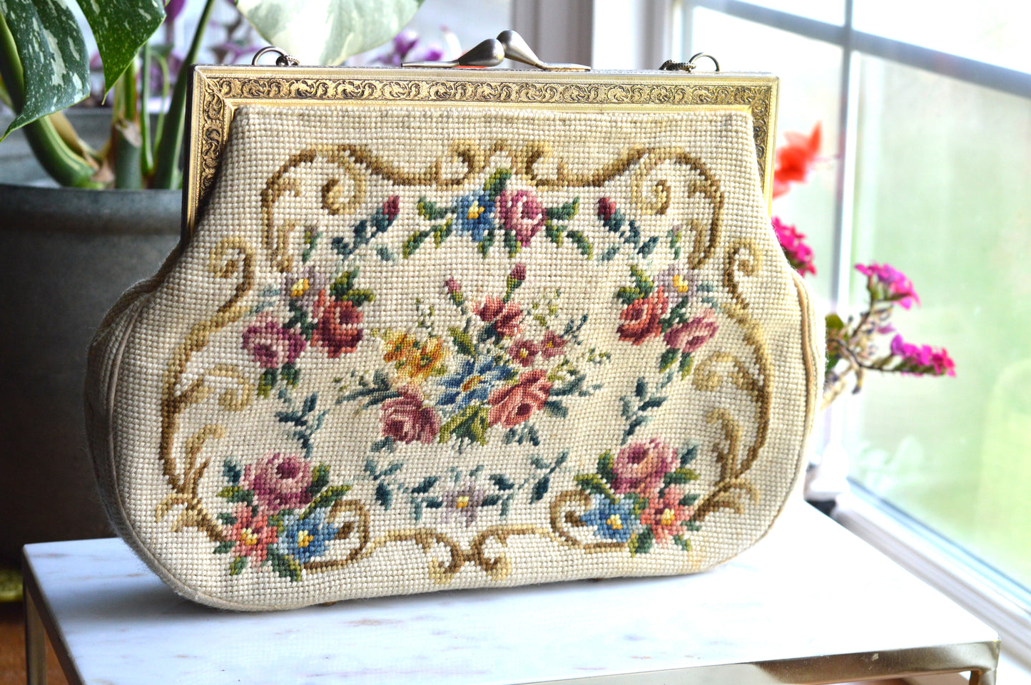 Vintage Petit Point Needlepoint Handbag - Floral Bouquet Embroidery - Ornate Gold Tone Kiss Lock Frame - Romantic Regency Style Purse