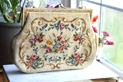 Vintage Petit Point Needlepoint Handbag - Floral Bouquet Embroidery - Ornate Gold Tone Kiss Lock Frame - Romantic Regency Style Purse