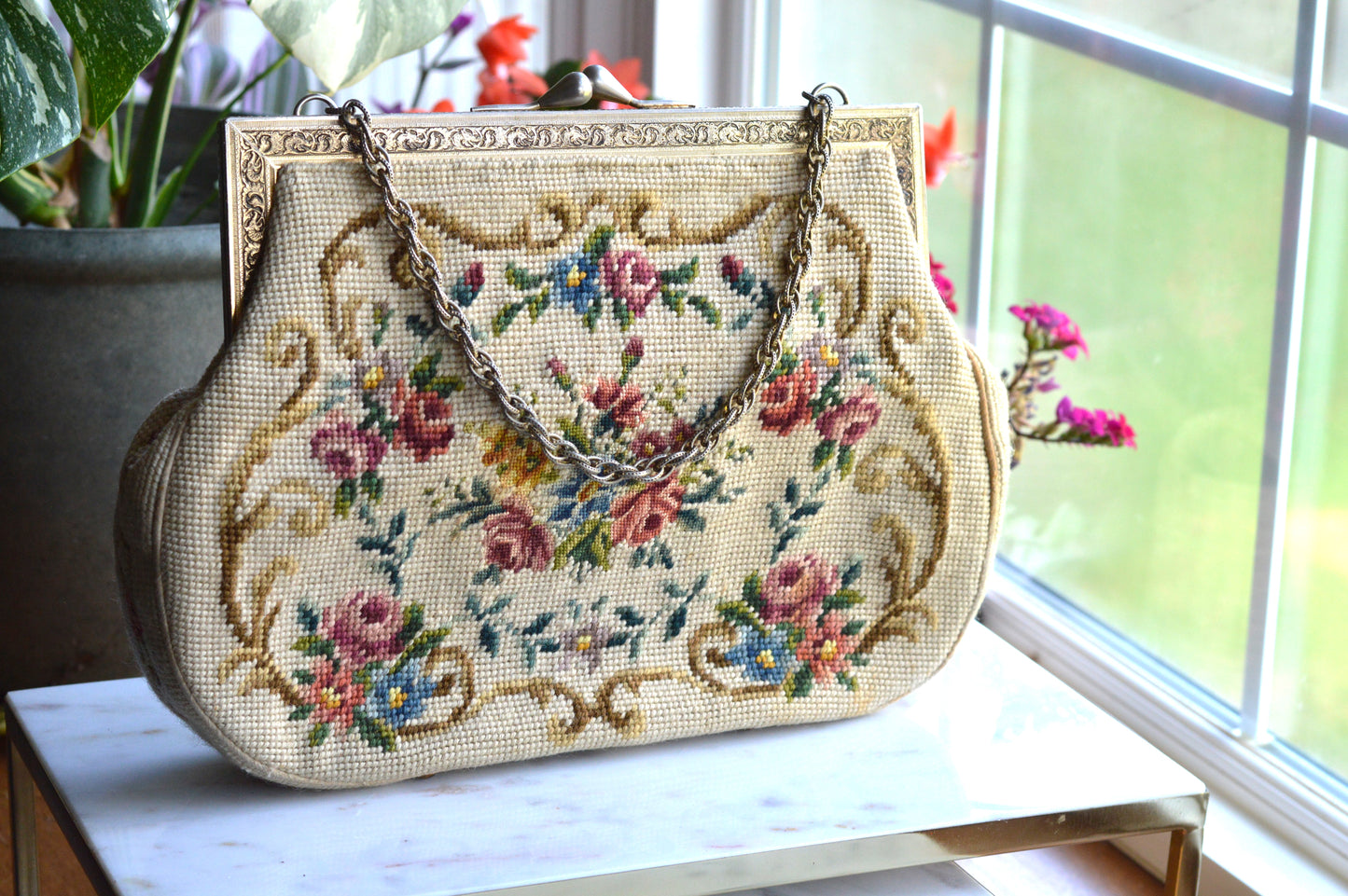 Vintage Petit Point Needlepoint Handbag - Floral Bouquet Embroidery - Ornate Gold Tone Kiss Lock Frame - Romantic Regency Style Purse