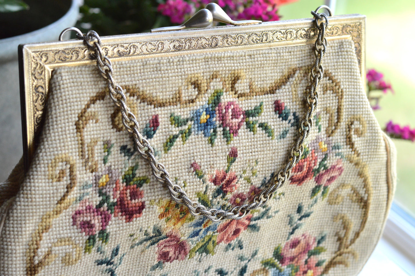 Vintage Petit Point Needlepoint Handbag - Floral Bouquet Embroidery - Ornate Gold Tone Kiss Lock Frame - Romantic Regency Style Purse