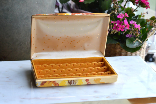 Vintage Earring Box w/ Velvet Interior | Floral Hinged Jewelry Case w/ Gold Trim & Star‑Pattern Lid | Retro 60s–70s Storage Display