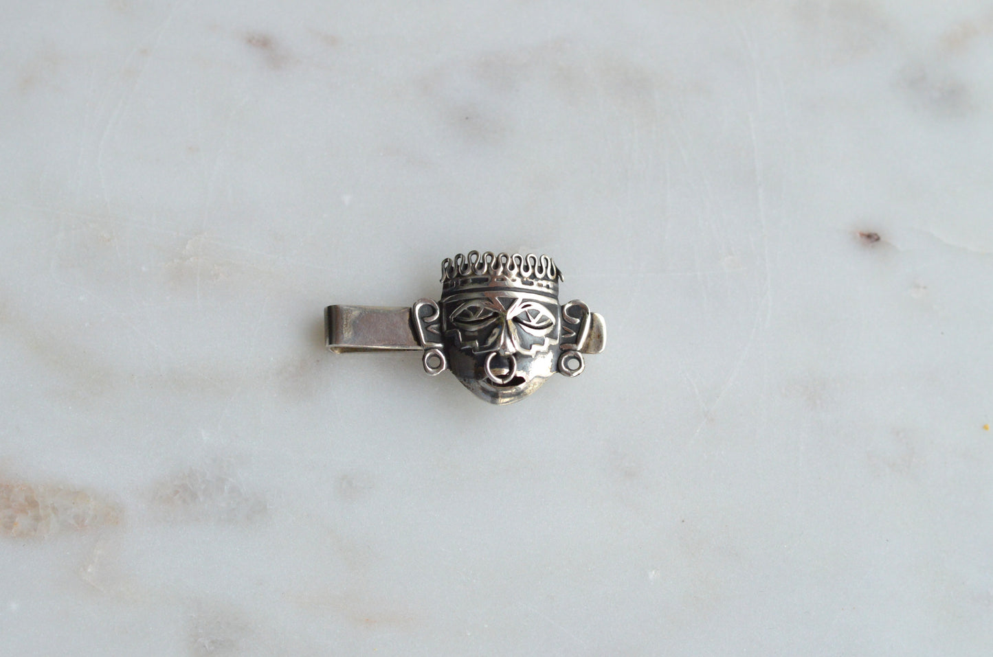 Vintage Mexican Sterling Silver Tie Clip, Aztec Warrior Mask Tie Bar, Signed SOF Mexico 925, Mid-Century Modern Men’s Accessory