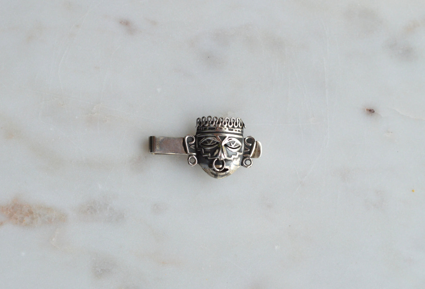 Vintage Mexican Sterling Silver Tie Clip, Aztec Warrior Mask Tie Bar, Signed SOF Mexico 925, Mid-Century Modern Men’s Accessory
