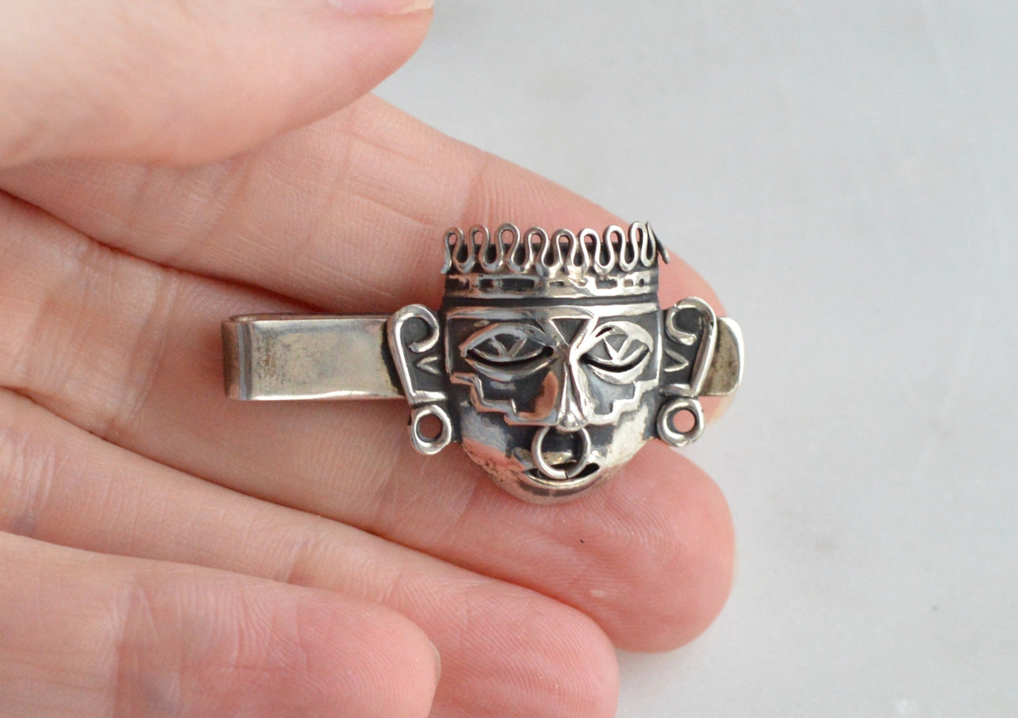 Vintage Mexican Sterling Silver Tie Clip, Aztec Warrior Mask Tie Bar, Signed SOF Mexico 925, Mid-Century Modern Men’s Accessory