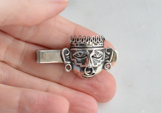 Vintage Mexican Sterling Silver Tie Clip, Aztec Warrior Mask Tie Bar, Signed SOF Mexico 925, Mid-Century Modern Men’s Accessory