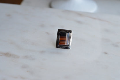 Vintage 1940s Handmade Sterling Silver Banded Agate Tie Tack Pin - Mid Century Artisan Southwestern Lapel Pin