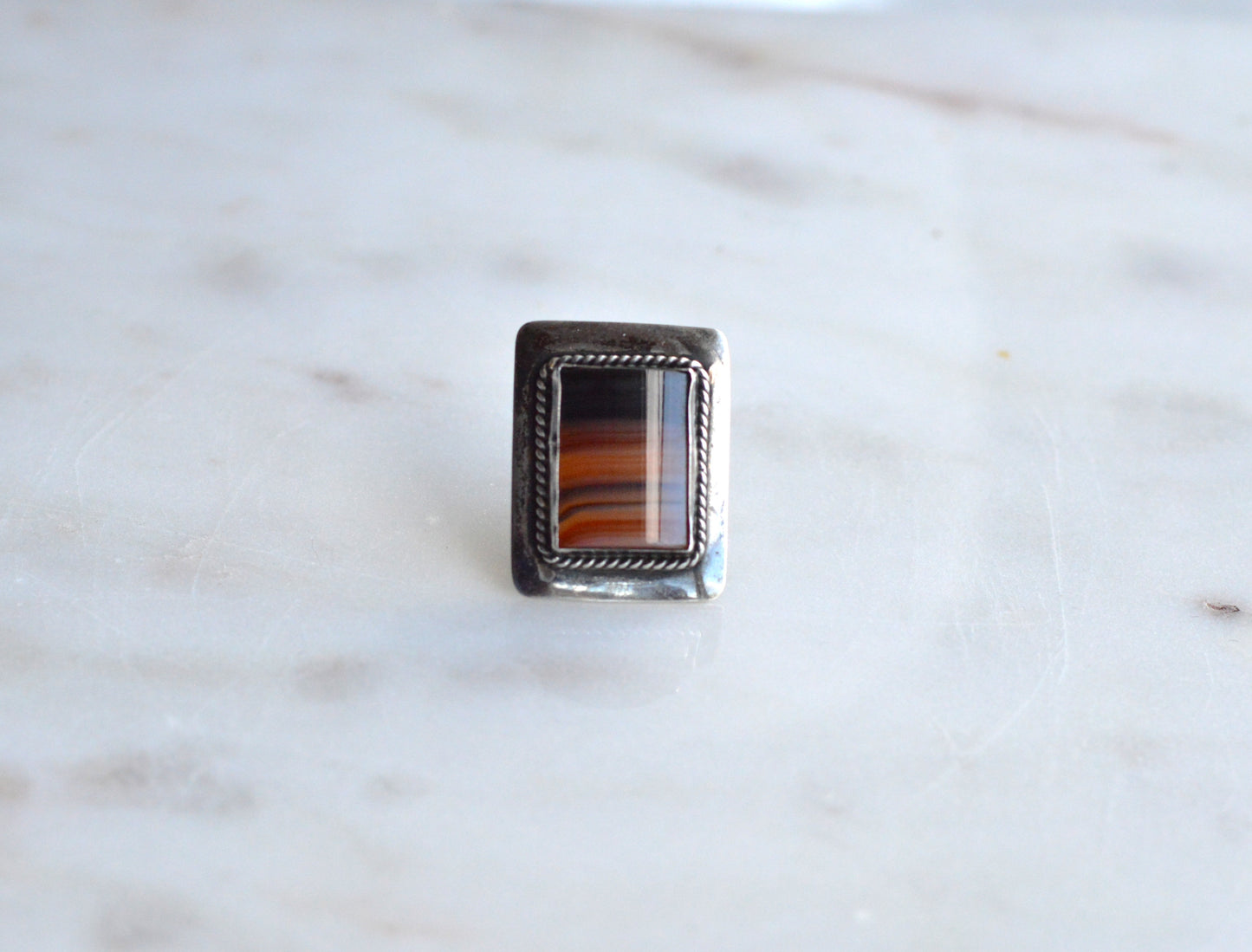 Vintage 1940s Handmade Sterling Silver Banded Agate Tie Tack Pin - Mid Century Artisan Southwestern Lapel Pin