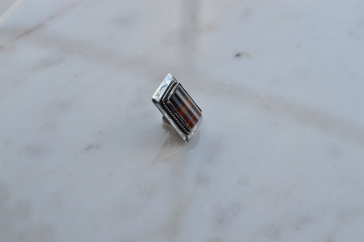 Vintage 1940s Handmade Sterling Silver Banded Agate Tie Tack Pin - Mid Century Artisan Southwestern Lapel Pin