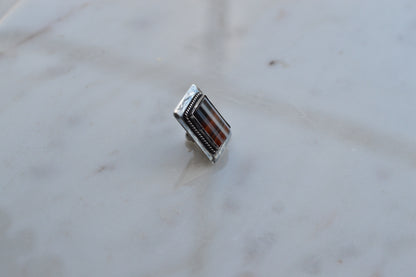 Vintage 1940s Handmade Sterling Silver Banded Agate Tie Tack Pin - Mid Century Artisan Southwestern Lapel Pin
