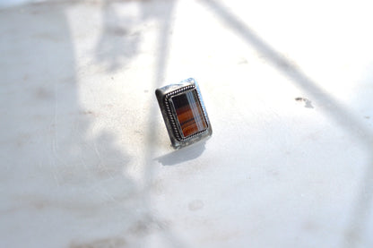 Vintage 1940s Handmade Sterling Silver Banded Agate Tie Tack Pin - Mid Century Artisan Southwestern Lapel Pin