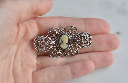 Vintage Silver Tone Filigree Cameo Brooch - Black & White Portrait Pin - Scrolled Openwork Victorian Revival - Mid-Century Romantic Costume Jewelry