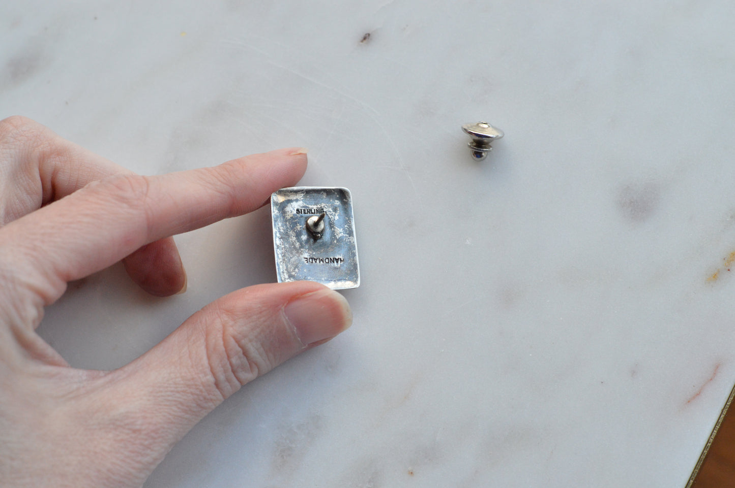 Vintage 1940s Handmade Sterling Silver Banded Agate Tie Tack Pin - Mid Century Artisan Southwestern Lapel Pin