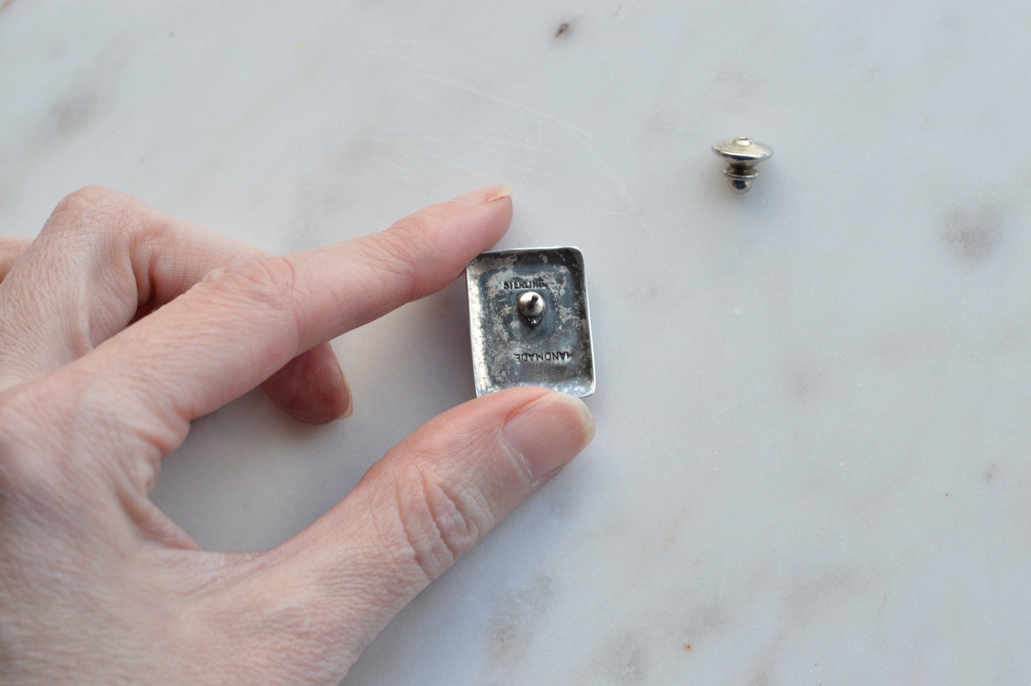 Vintage 1940s Handmade Sterling Silver Banded Agate Tie Tack Pin - Mid Century Artisan Southwestern Lapel Pin