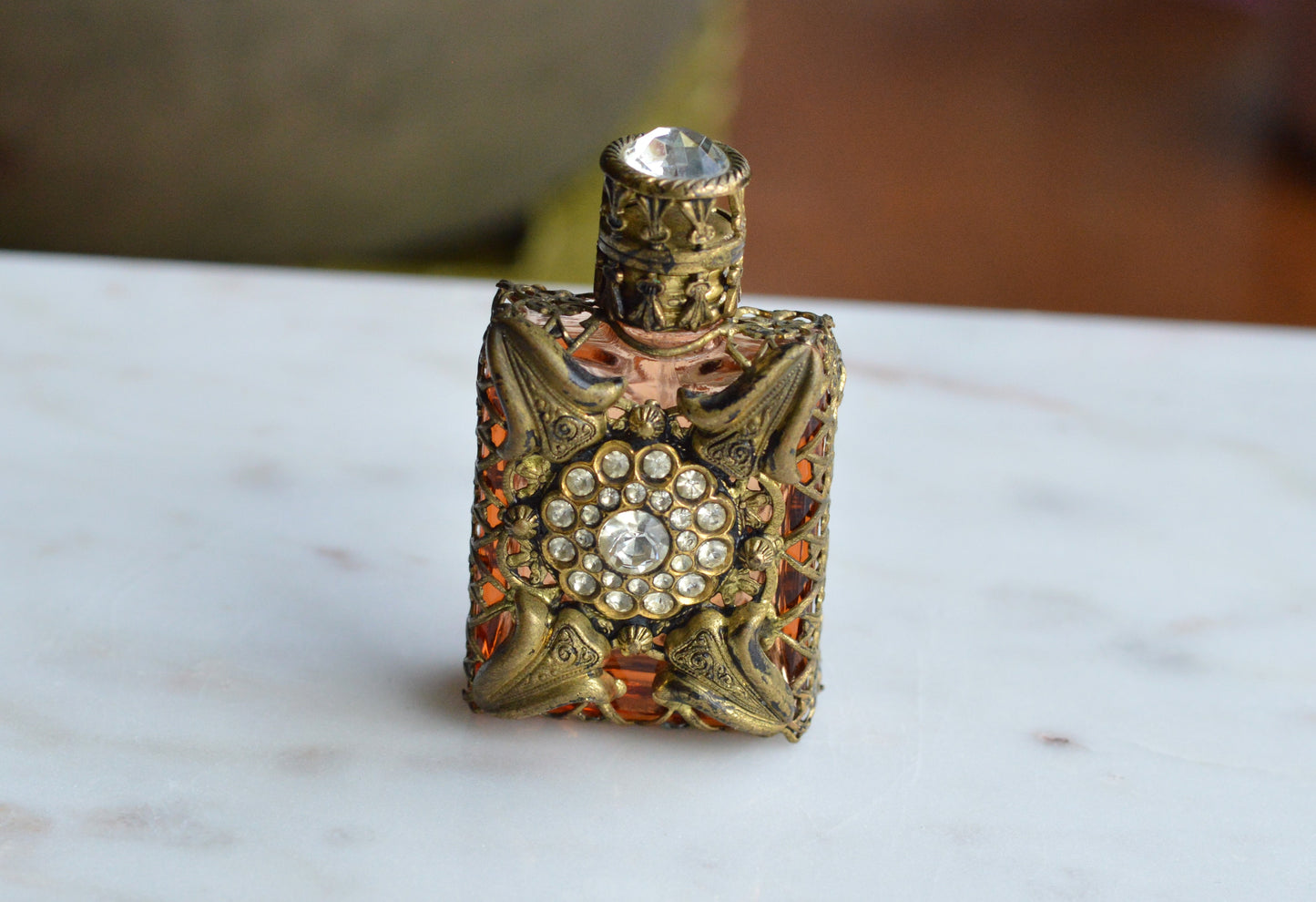 Vintage Jeweled Brass Filigree Perfume Bottle – Amber Glass, Clear Rhinestone Floral Medallion, Crystal Prism Stopper