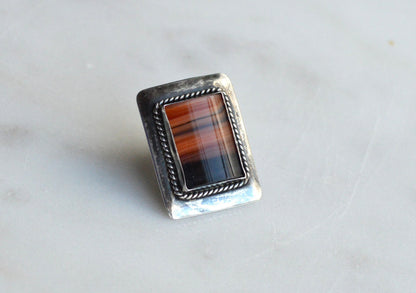 Vintage 1940s Handmade Sterling Silver Banded Agate Tie Tack Pin - Mid Century Artisan Southwestern Lapel Pin