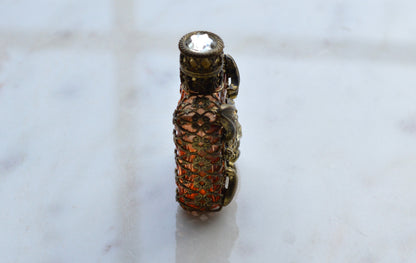 Vintage Jeweled Brass Filigree Perfume Bottle – Amber Glass, Clear Rhinestone Floral Medallion, Crystal Prism Stopper