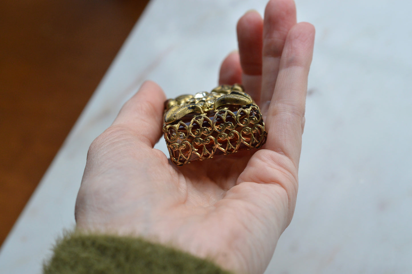 Vintage Jeweled Brass Filigree Perfume Bottle – Amber Glass, Clear Rhinestone Floral Medallion, Crystal Prism Stopper