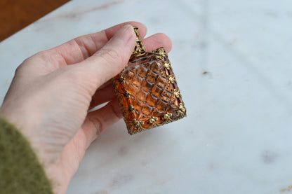 Vintage Jeweled Brass Filigree Perfume Bottle – Amber Glass, Clear Rhinestone Floral Medallion, Crystal Prism Stopper