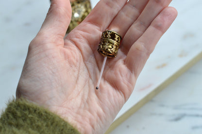 Vintage Jeweled Brass Filigree Perfume Bottle – Amber Glass, Clear Rhinestone Floral Medallion, Crystal Prism Stopper