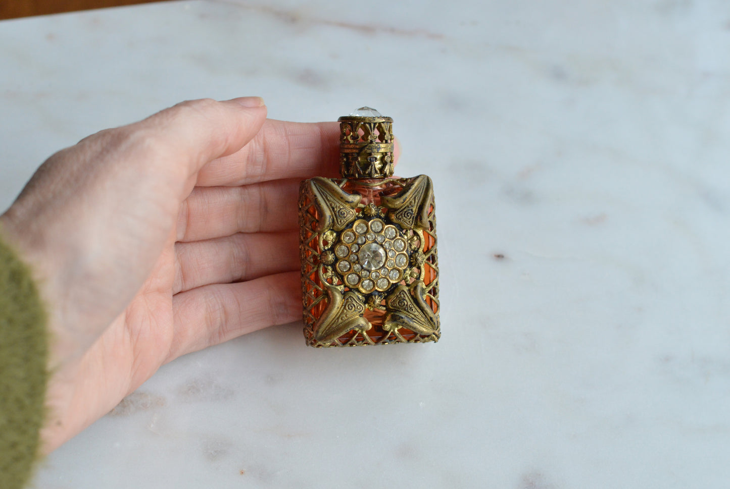 Vintage Jeweled Brass Filigree Perfume Bottle – Amber Glass, Clear Rhinestone Floral Medallion, Crystal Prism Stopper