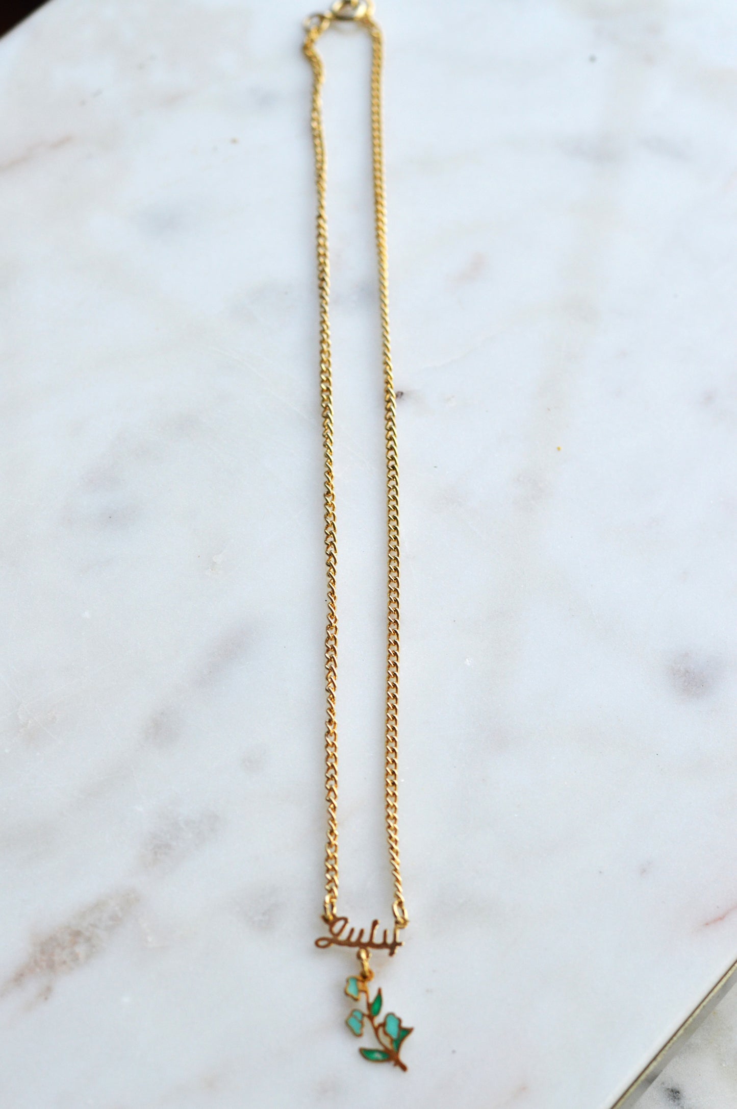 Vintage July Birth Month Necklace - 1970s Gold Script "July" Nameplate - Green Enamel Birth Flower Charm - Retro Boho Estate Jewelry