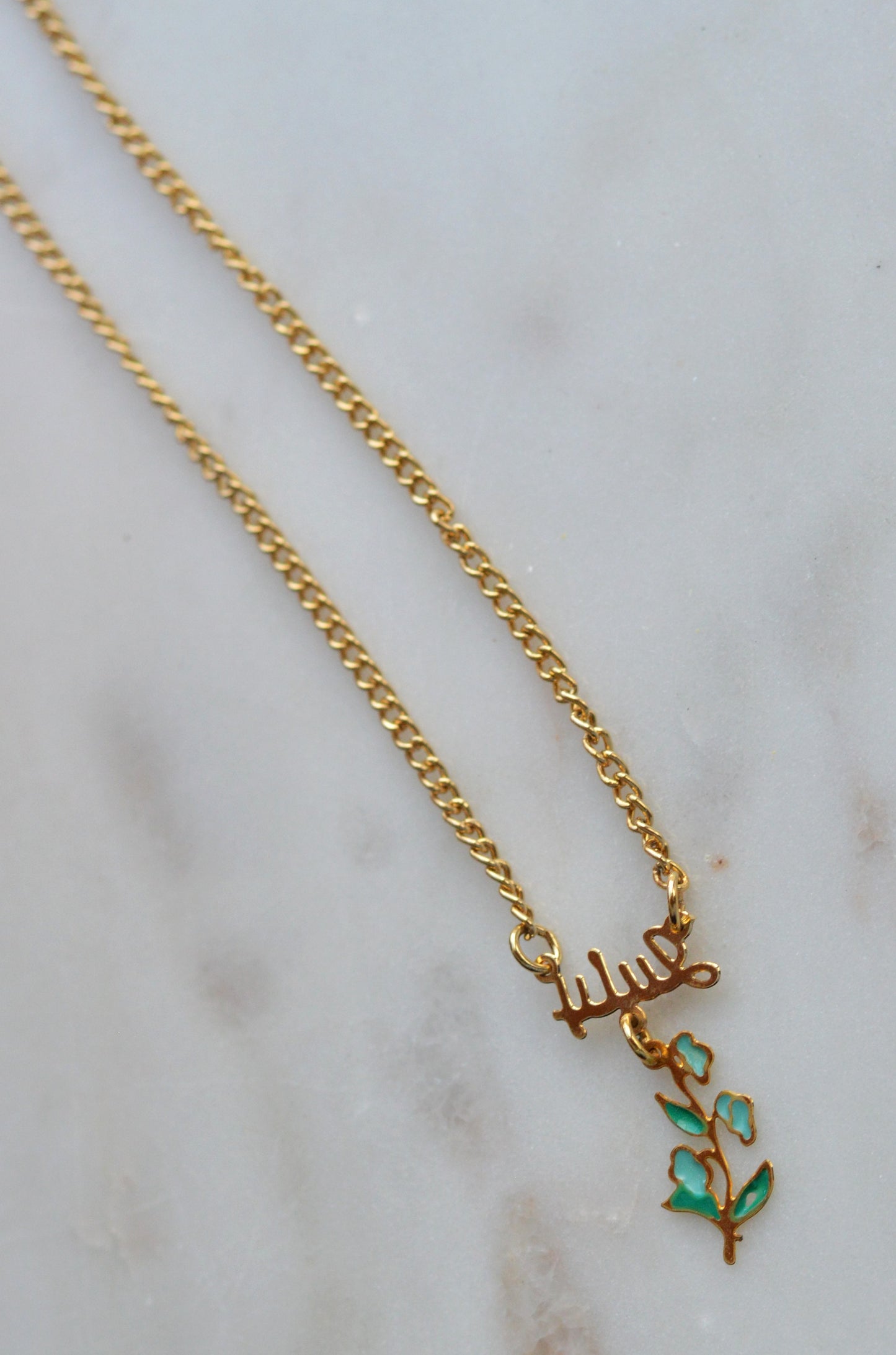 Vintage July Birth Month Necklace - 1970s Gold Script "July" Nameplate - Green Enamel Birth Flower Charm - Retro Boho Estate Jewelry